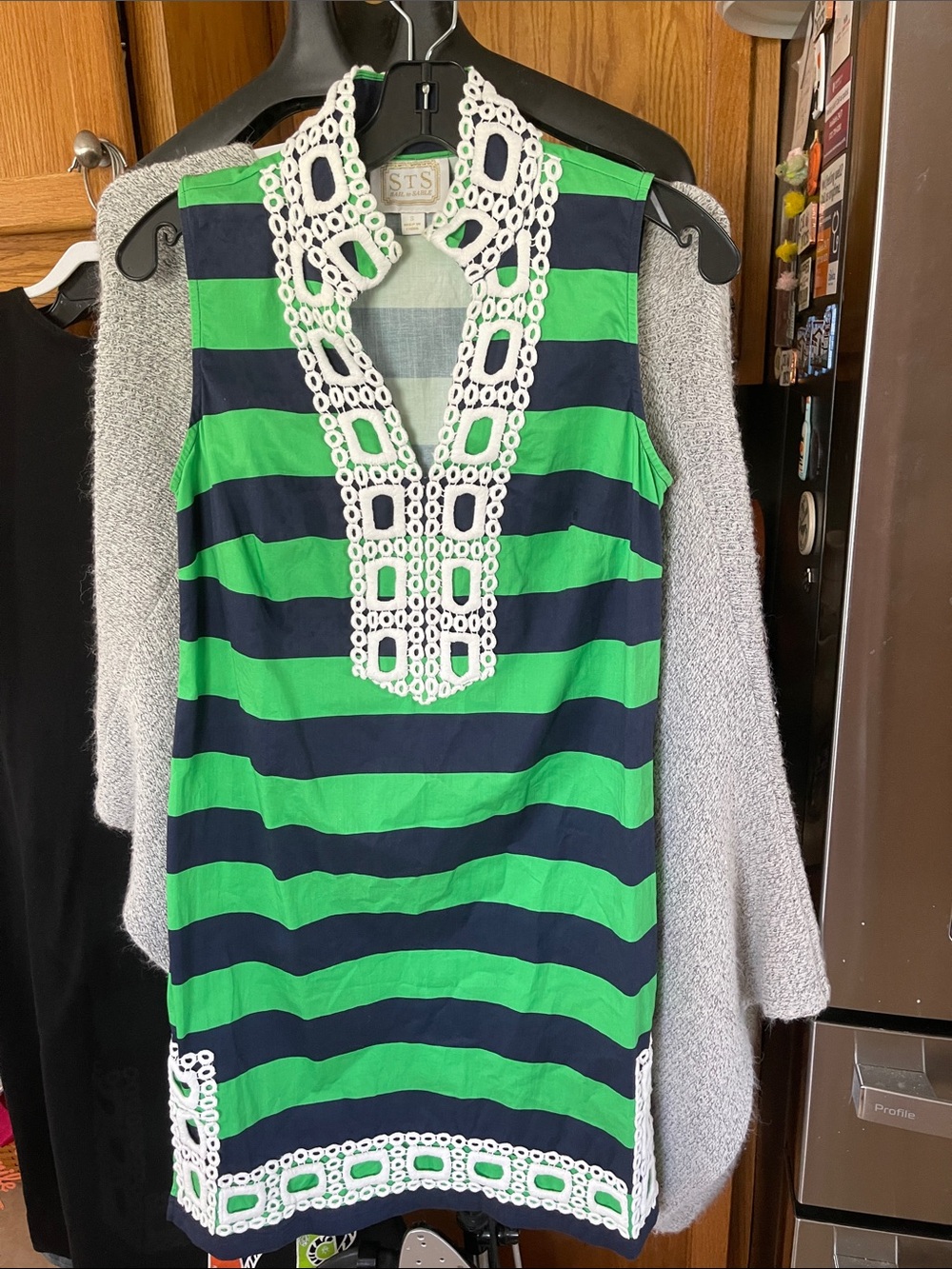 Sail to Sable Green and Navy Striped Shift Dress with Eyelet Trim Small